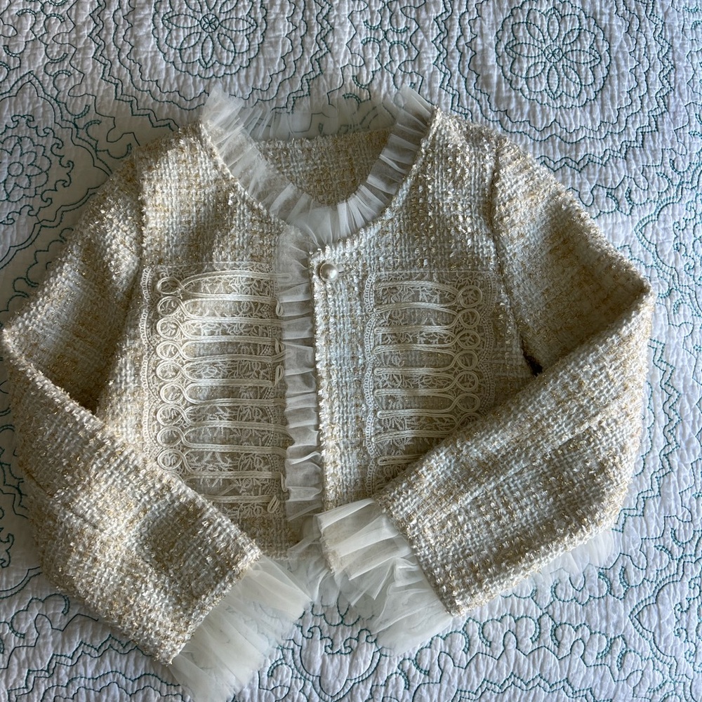 Chic Cream Tweed Jacket with Ruffle Trim